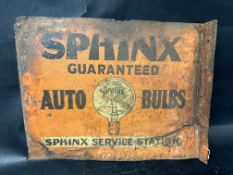 A Sphinx Guaranteed Auto Bulbs & Fuses double sided pictorial tin advertising sign. 20 x 16