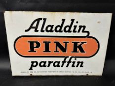 An Aladdin Pink Paraffin double sided enamel advertising sign with hanging flange, 21 x 14
