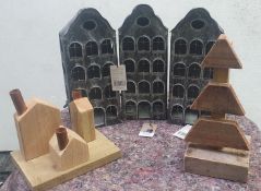 5 x Assorted Ornaments Including 3 x Honey & Wild Dutch Townhouse Candle Holders, 1 x Scrapwood