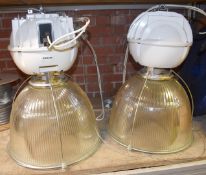 2 x Vintage Holophane Suspended Industrial Warehouse/Loft Light Fitting With Prismatic Glass Shades