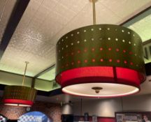 2 x Suspended Light Fittings With Perforated Brass and Red Drum Shades - Approx Diameter 100cms