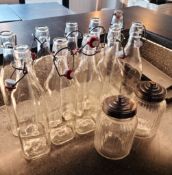 1 x Collection of Glasssware, 10 x Water Bottles with Swing Tops and 2 x Tin Topped Glass Canisters