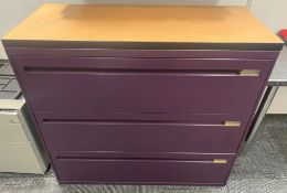 1 x Three Drawer Office Storage Cabinet For Files/Stationary - Features a Contemporary Purple Finish