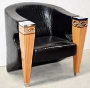 1 x Bespoke Art Deco Black 'Crocodile Skin' Armchair Wooden Arms Embellished With Crystal & Silver