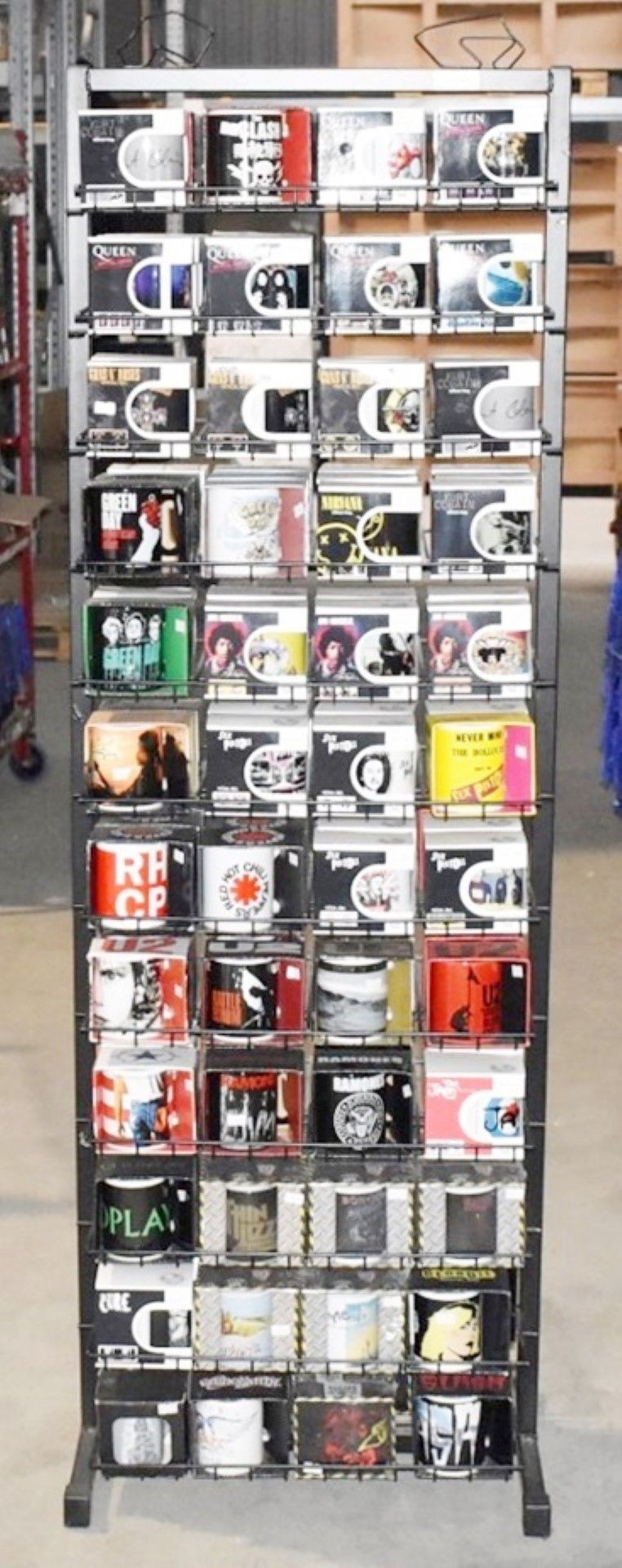 124 x Various Boxed Rock Music Themed Drinking Mugs With Freestanding Retail Display Stand -