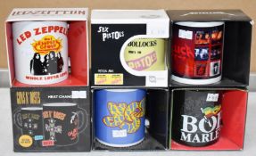6 x Assorted Rock n Roll Themed Band Drinking Mugs - Includes Led Zeppelin, Sex Pistols, Guns n