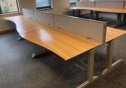 6 x Techo Wave Office Desks With Privacy Panels and Cable Tidy Cages - Beech Wood Finish with Grey
