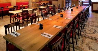 1 x Solid Oak Rectangular Restaurant Dining Table - Natural Rustic Knotty Oak Tops With Black Cast