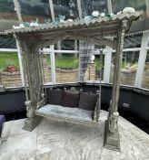 1 x 3 Seater Jhoola Indoor Swing. Intricate Carving Design With Velvet Base Pad And Cushions