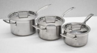 3-Piece LE CREUSET Luxury 3-Ply Stainless Steel Lidded Saucepan Set - Ex-Display/Demo - RRP £385.00