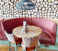 1 x Commercial Restaurant C Shaped Seating Booth Featuring Tan Leather Seat Pads and Red Fabric
