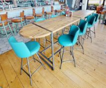 1 x Industrial Style Solid Oak Restaurant Table With 10 x Turquoise Leather Stools