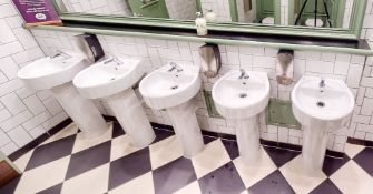 5 x Ideal White Ceramic Sink Basins With Pedestals, Saracen Push Control Taps & Three Soap Dispenser