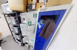 1 x Selection of Locker Room Items Including Laundry Locker, Two Staff Lockers and Plastic Shelf