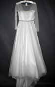 1 x WHITE ROSE Long Sleeved Satin And Chiffon Designer Wedding Dress Bridal Gown RRP £1,600 UK 12