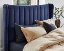 1 x TEMPUR 'Hampton' Luxury Upholstered Wing-back Headboard In Slate Grey/Blue - Ex-Display