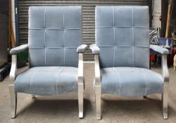 A Pair Of Stylish Velvet Upholstered Armchairs With A Brushed Silver Painted Frames