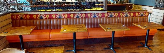 1 x Restaurant Seating Bench With Faux Leather Orange Seat Pads and Ribbed Back Rest - Approx