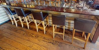 5 x Bar Stools With Light Wood Frames and Brown Faux Leather Seats