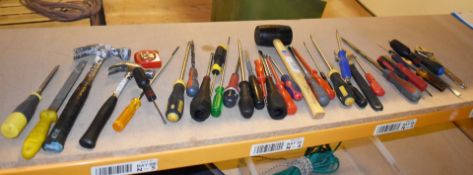 1 x Assorted Lot of Approx 38 x Handtools in Linbin Box - Screwdrivers, Hammers, Tape Measure