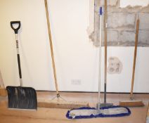 4 x Assorted Waehouse Brushes and 1 x Shovel