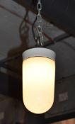 6 x Industrial Hanging Lamps With Porcelain Bases, White Opaline Glass and Cast Iron Hangers