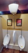 2 x Ceramic Urinals With Privacy Divider and Overhead Cistern