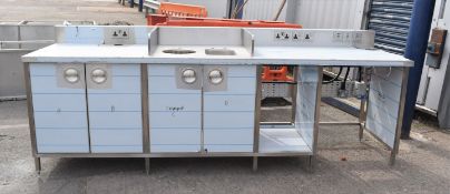 1 x Stainless Steel Prep Unit Featuring Wash Basins, Dividers, Upstand With Various 240v Sockets and