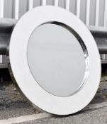 1 x Round Framed Mirror, Adorned In Reptilian Faux Leather And Chrome Trim - Ex-Display Showroom