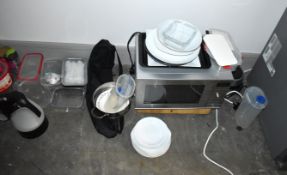 1 x Large Collection Kitchen Accessories to Include a Microwave Oven, Plates, Cups, Kettles, Pans