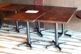 4 x Square Restaurant Tables With Dark Brown Wooden Tops and Cast Iron Bases