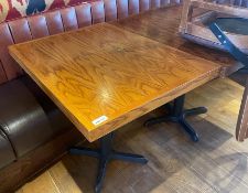 2 x Restaurant Dining Tables With Cast Iron Bases and Wooden Tops - Dimensions: H74.5 x W85 x D65.