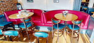 2 x Red Faux Leather C Shape Seating Booths Featuring a Contemporary Red Faux Leather Upholstery