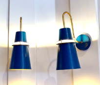 6 x Swan Neck Wall Lights With a Brass Finish and Blue Shades With Gold Inners