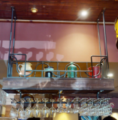 1 x Bespoke Overhead Glass Holder With Display Shelf - Rustic Finish With Wrough Iron Metalwork -