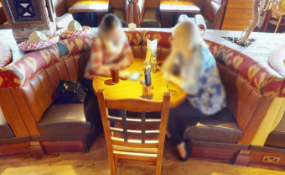 1 x Restaurant C Shape Seating Booth - Features Brown Faux Leather Seat Pads and Light Brown