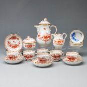 15tlg. Mokkaservice für 6 Personen - Indische Korallenrot Malerei mit Goldpunkten und 5 Schälchen - 