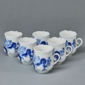 6 Mokkaobertassen - Orchidee auf Ast. Meissen 1986.