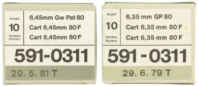 2 Originalpackung mit je 10 Versuchsgewehrpatronen GwPat80, Kal. 6.35mm/6.45mm