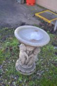 Decorative composite garden bird bath, height approx 55cm, width 40 cm