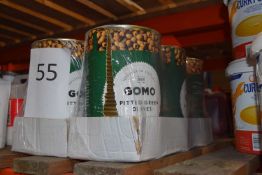 Six 4000 gram tins of green pitted olives. Best Before Date: 21.04.25