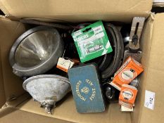 Mixed lot of various vintage car spares to include Cryselco bulbs, Stanley headlamps, RAC motorist