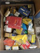 Box of replacement parts, brake service kits by Lucas, Philips spark plugs etc