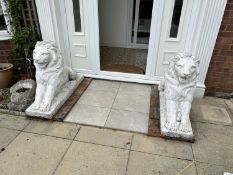 A pair of composite white painted seated lions, height 80cm, overall length approx 110cm