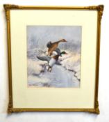 After Wilfred Bailey (British, fl.1942-1954), Mallards alighting in a winter landscape,
