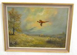 R.J Scott (British, 20th century), Ring necked pheasant in flight across a landscape, oil on