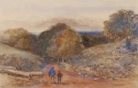 Attributed to John Joseph Cotman (British,1814-1878), Man & Boy with Dog in a County Lane,