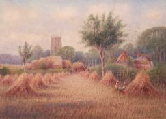 J.R.Goodman (British, b.1870), harvest scene with cottages and a church in the distance,