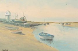 John Tuck (British, 20th century), Moored boats in North Norfolk estuary, oil on board, signed,11.
