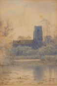 Charles Harmony Harrison (British,1842-1902), a view across a river to a church, watercolour,